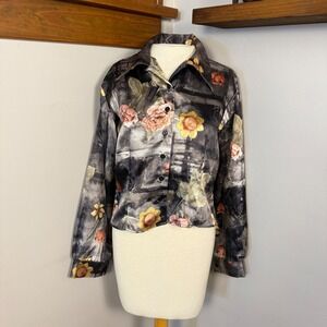 VTG 90s Satin Floral Cropped Button Up Medium Gray Fairy Grunge Moody